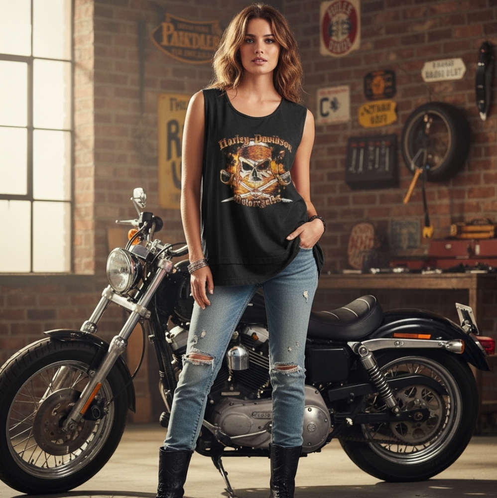 Harley-Davidson Black Graphic Muscle Tank with Orange Skull Design